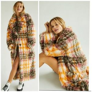 Free People Cardi Plaid Faux Fur Coat
